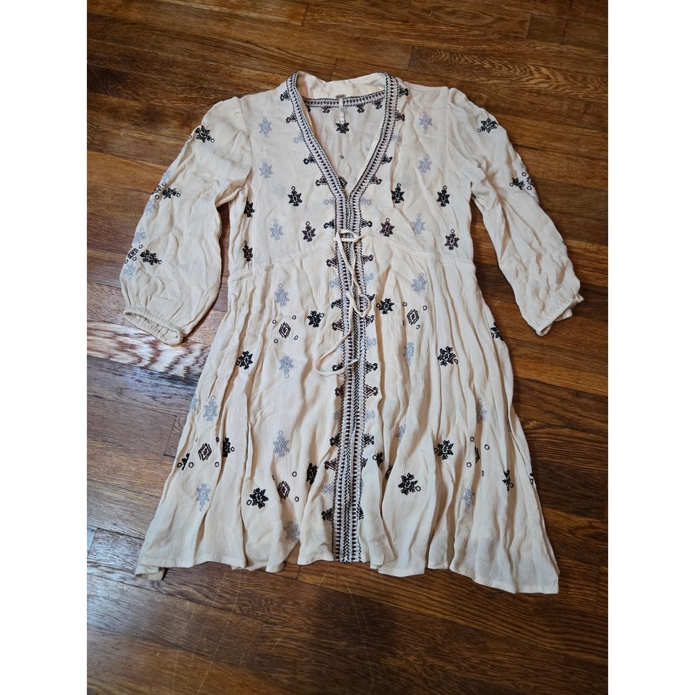 Free People Embroidered Gauze Mini Dress Cream Ivory Boho V-Neck XS